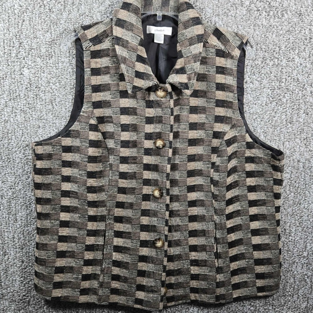 CJ Banks Vest Tan Brown Black Checkered Sleeveless - Womens 1X - Picture 1 of 6